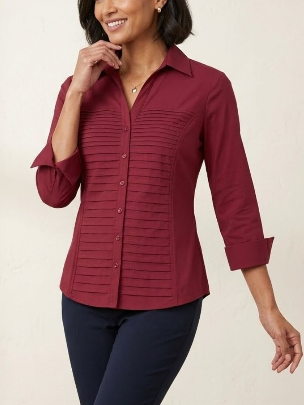 NWT Zac & Rachel Pleated Pinktuck Button Front 3/4 Sleeve Shirt